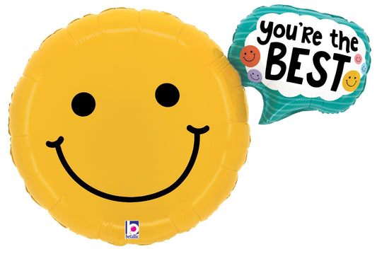 Yellow round foil balloon with a classic black smiley face and a smaller blue speech bubble saying "You're the BEST" with.