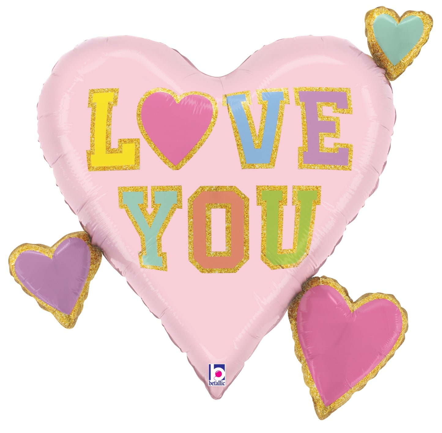 28-inch pink heart-shaped foil balloon with "LOVE YOU" text in colorful letters and three smaller multi-colored hearts.