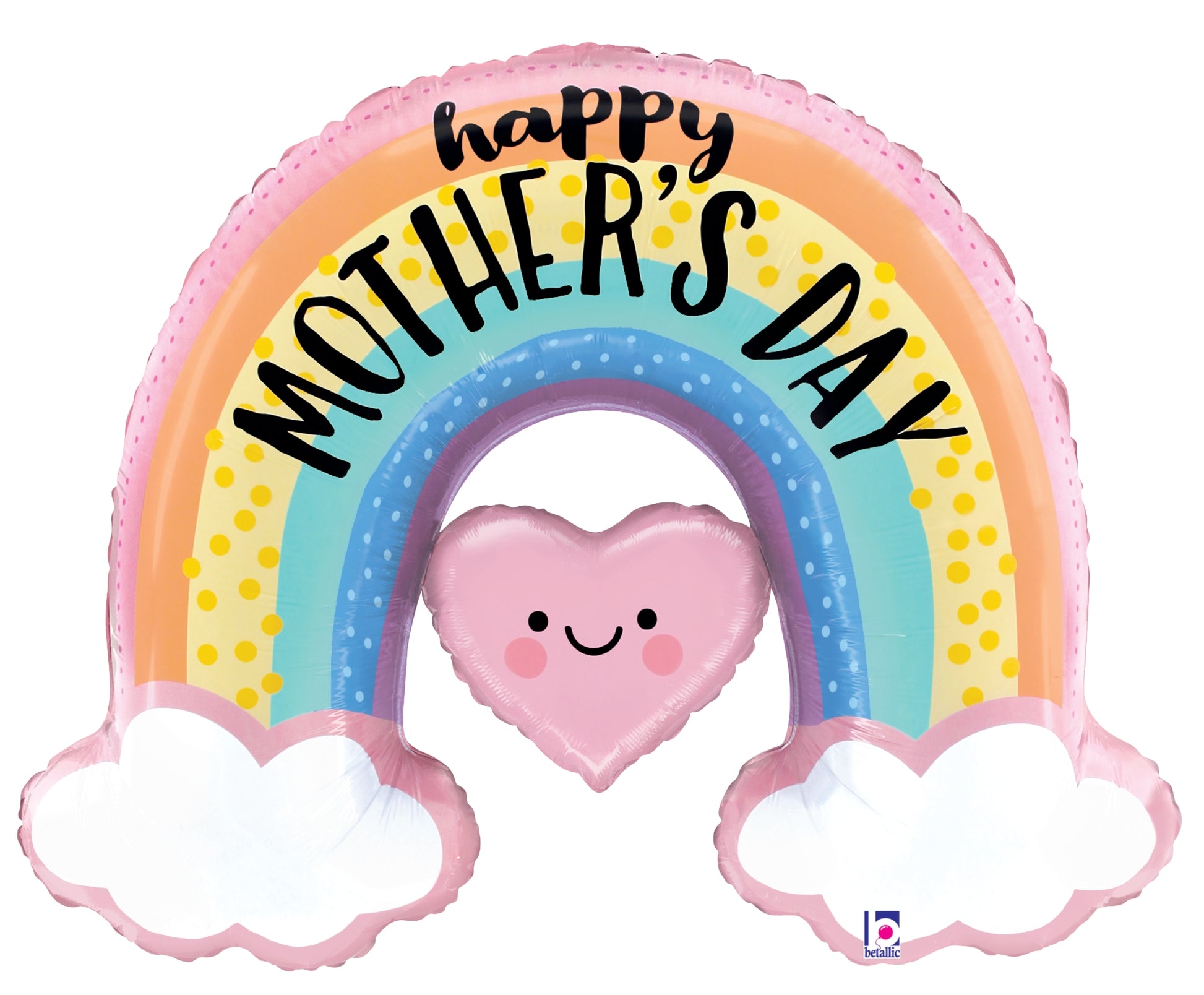 Pastel rainbow-shaped foil balloon with "Happy Mother's Day" text, smiling pink heart, and clouds.