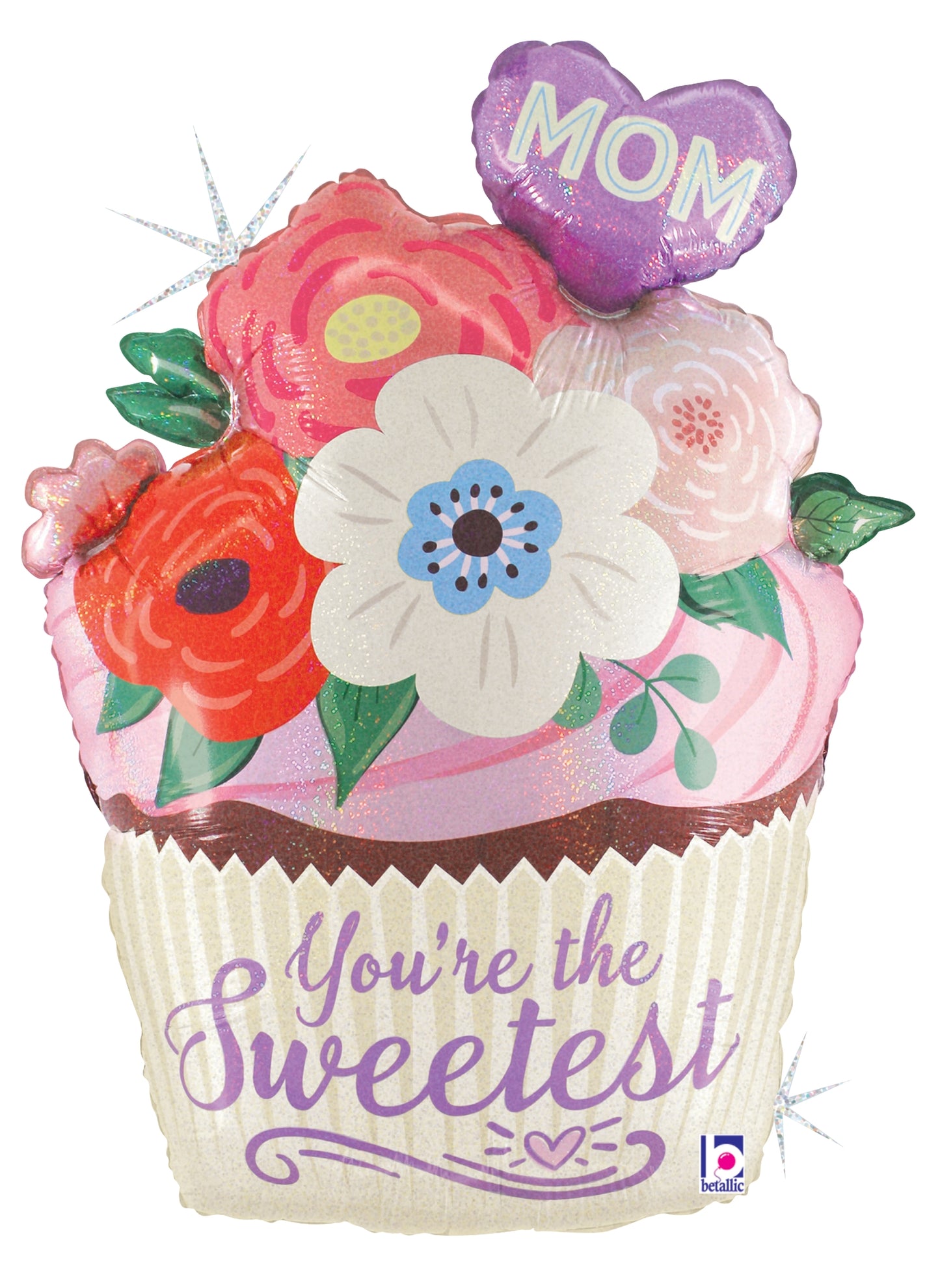 24-inch cupcake-shaped foil balloon with pink frosting, colorful floral decorations, and a purple heart reading "MOM".