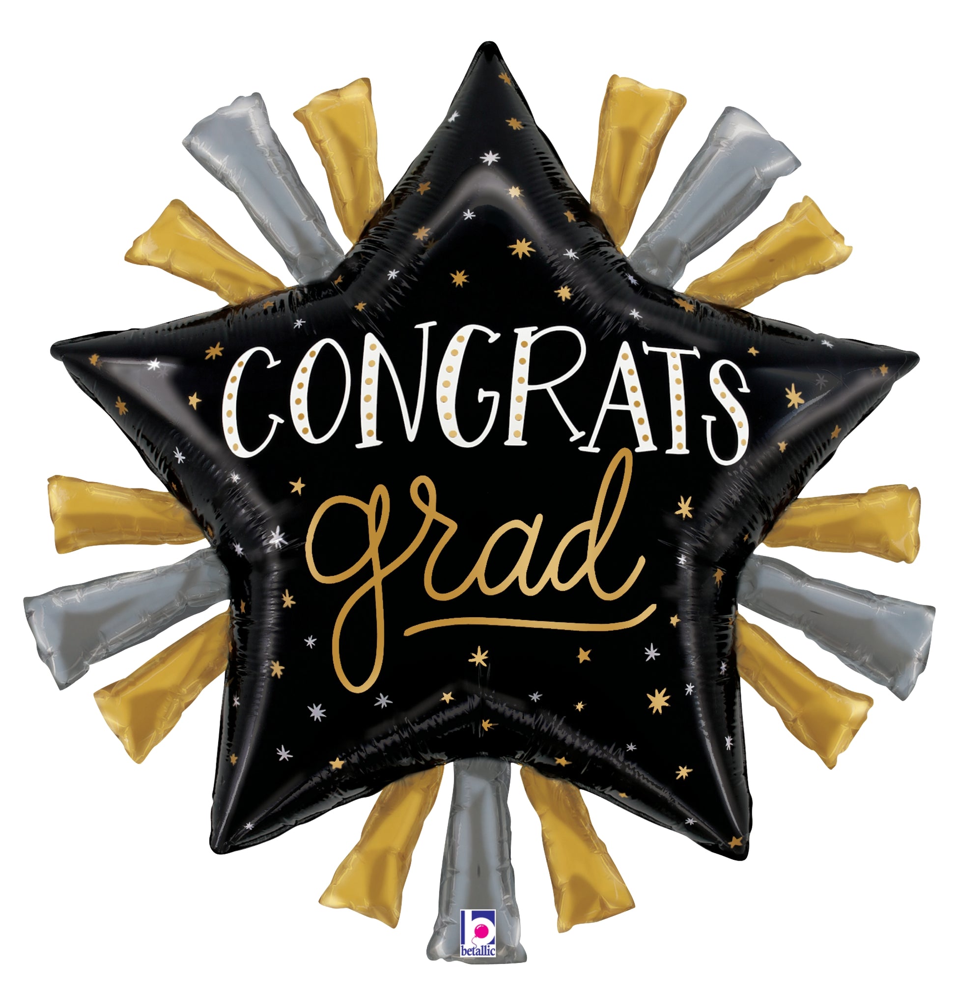 Black star-shaped foil balloon with "Congrats grad" text in white and gold, surrounded by gold and silver tassels.
