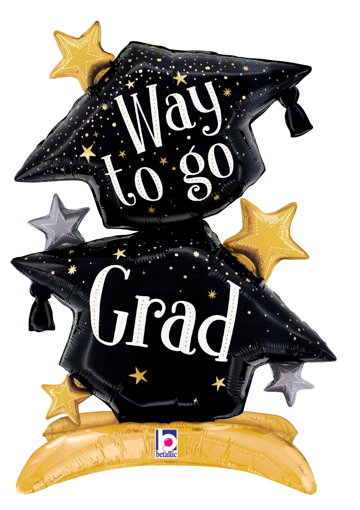 Black foil balloon shaped like two graduation caps stacked, decorated with gold and silver stars, white lettering saying.