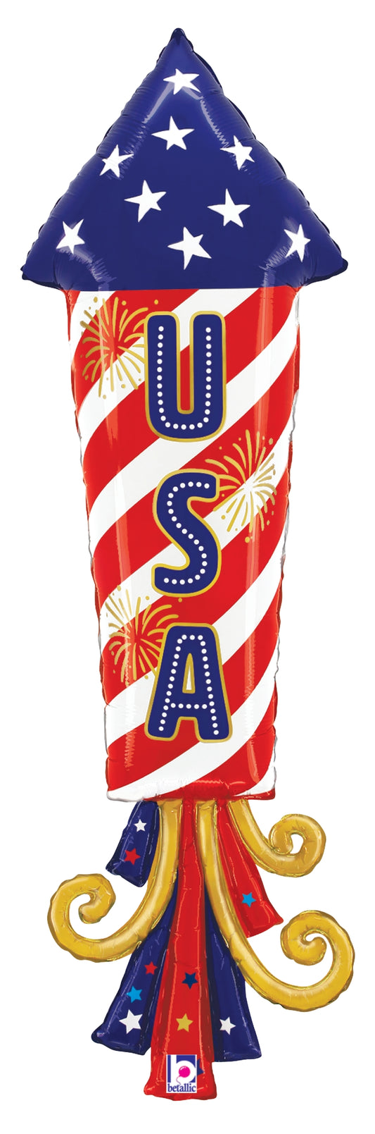Red, white, and blue foil rocket balloon with stars, stripes, and "USA" lettering.