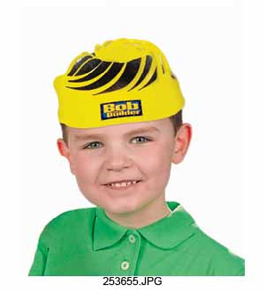 Yellow spiral party hat with Bob The Builder logo on front, worn by a smiling child.