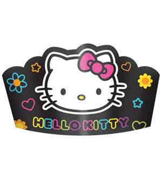 Black paper party hat featuring Hello Kitty's white face with pink bow, colorful stars, hearts, and flowers designs.