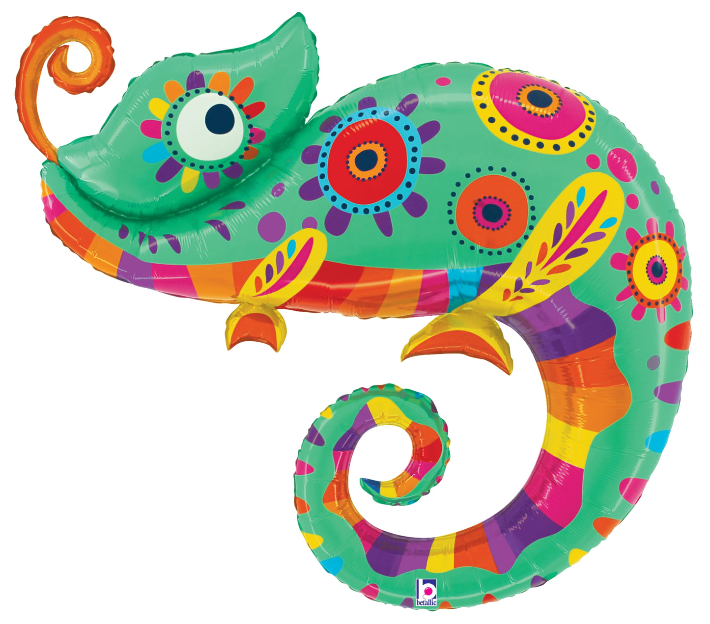 Colorful foil chameleon balloon with bright floral and striped patterns, curled tail, and large eye.