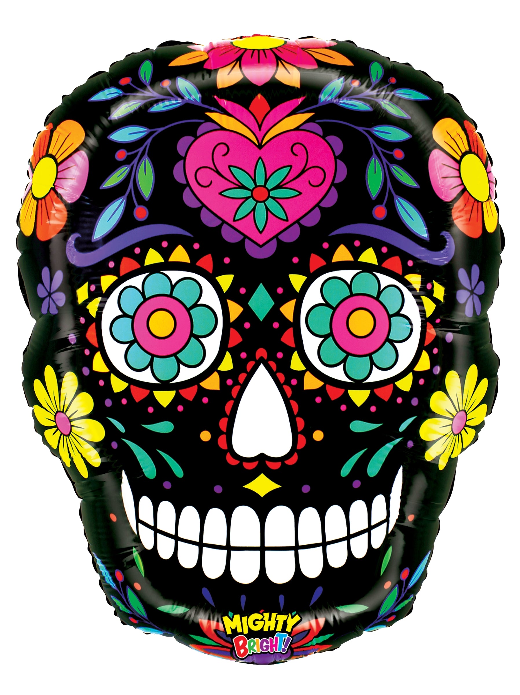 22-inch black sugar skull balloon with colorful floral and heart designs, white teeth details.