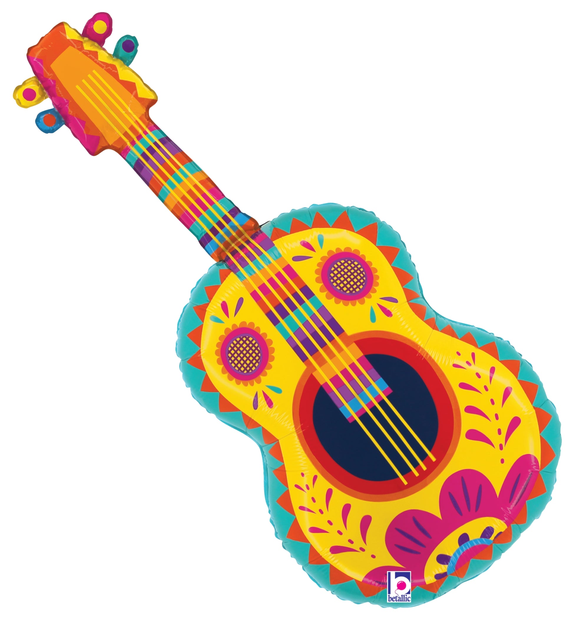 Colorful foil balloon shaped like a guitar with bright yellow, orange, pink, and turquoise decorative patterns.