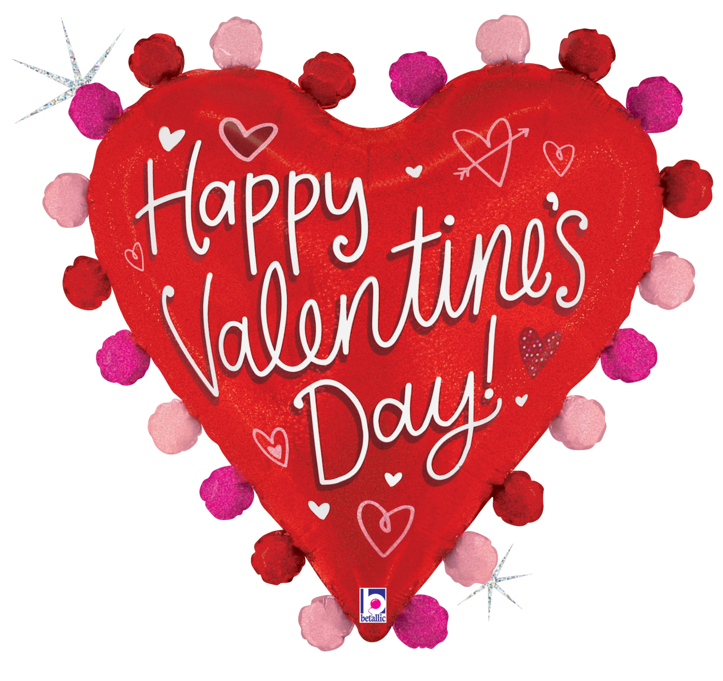 Red heart-shaped foil balloon with “Happy Valentine’s Day!” text and pink and red pom-poms around edges.
