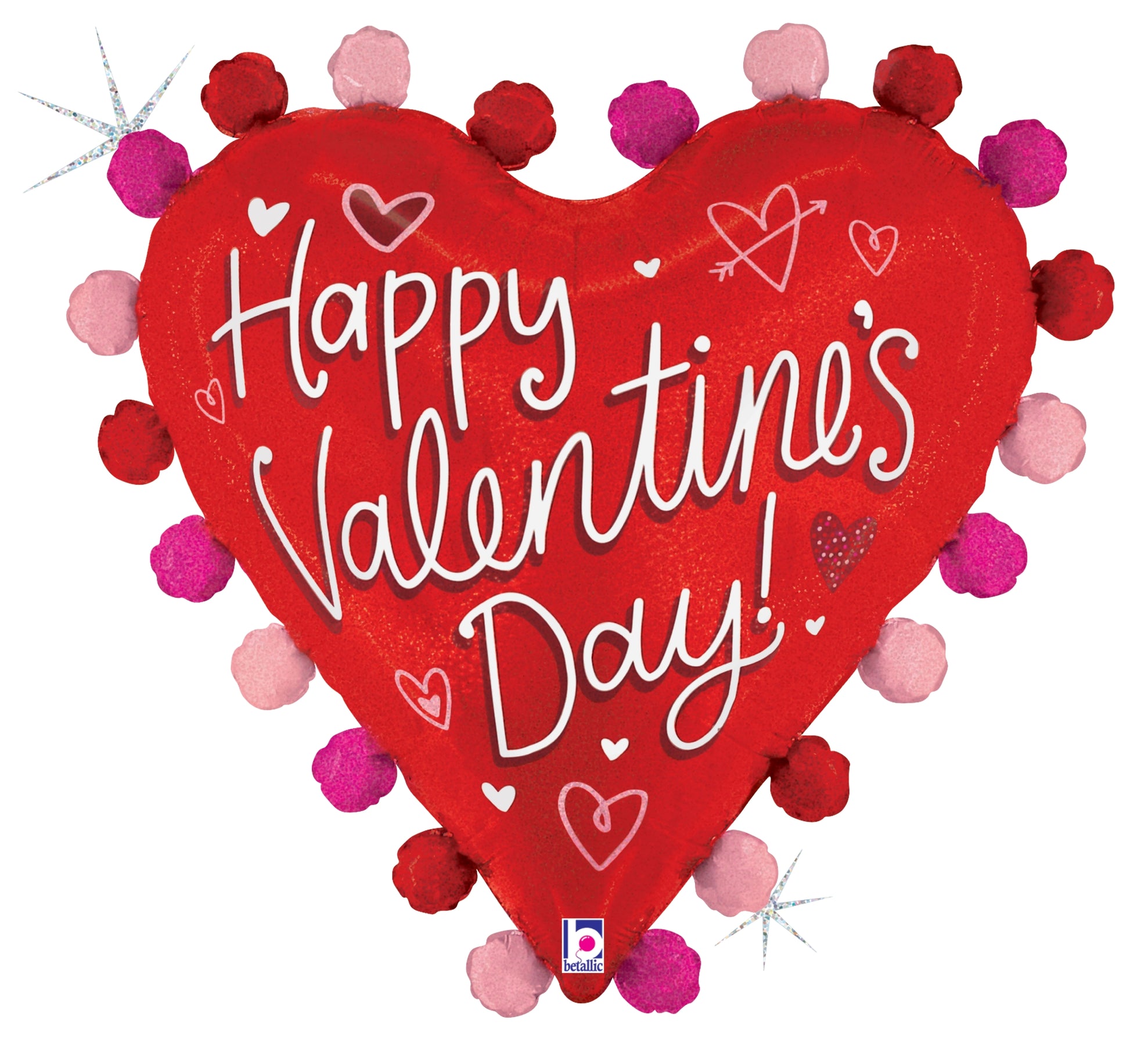 Red heart-shaped foil balloon with “Happy Valentine’s Day!” text and pink and red pom-poms around edges.