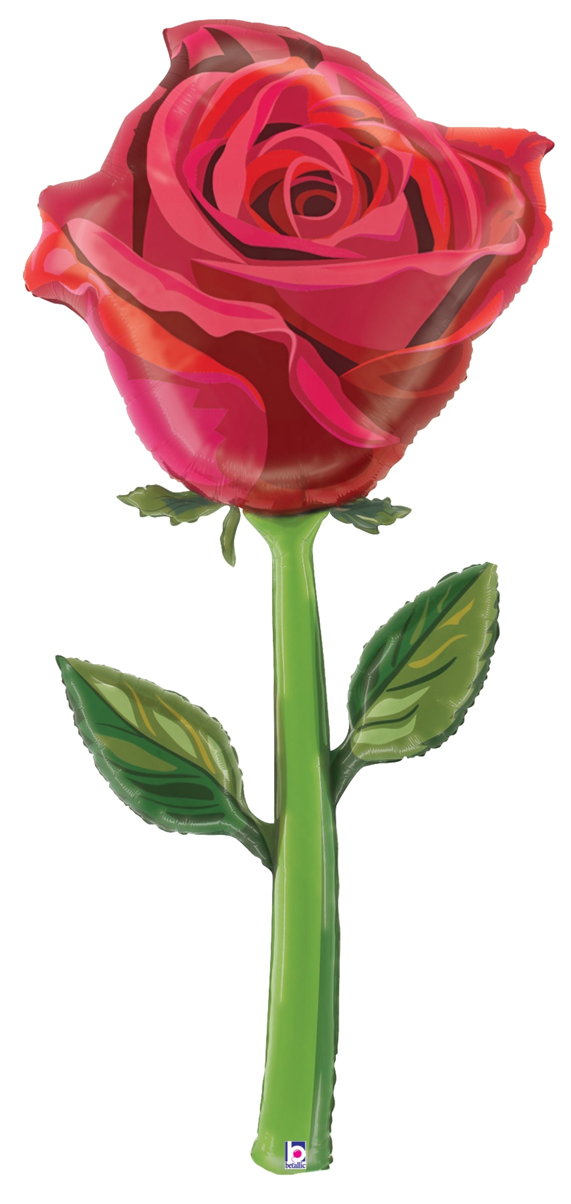 Shiny red satin foil balloon shaped like a detailed rose with green stem and leaves.