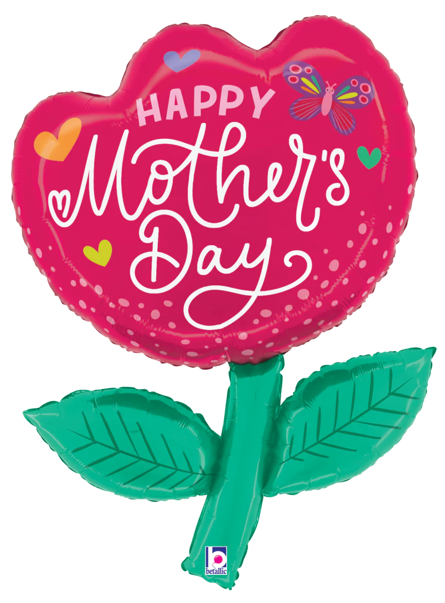 Pink tulip-shaped foil balloon with "Happy Mother's Day" white script, green stem, butterfly, and hearts design.