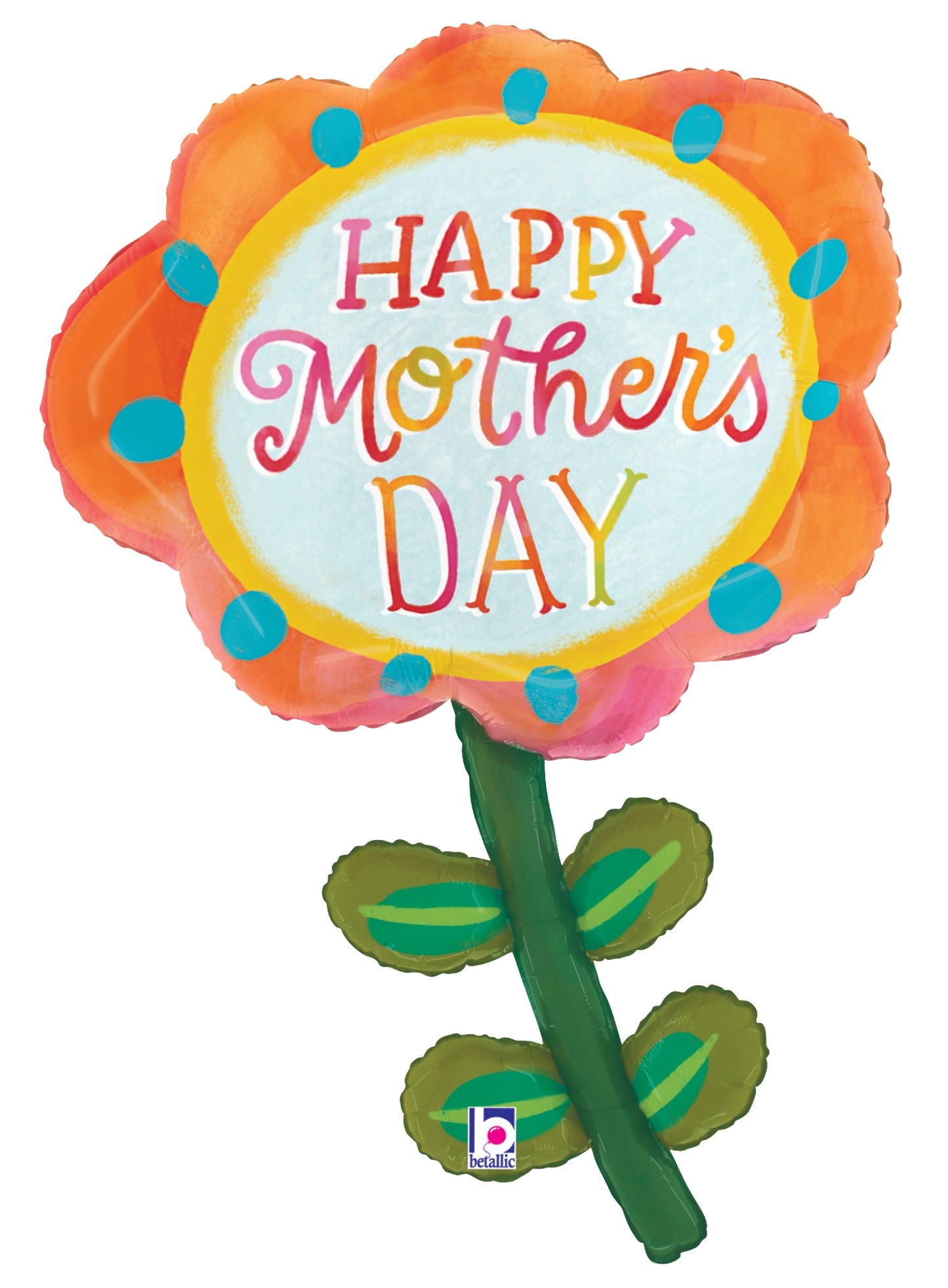 Orange and pink foil balloon shaped like a flower with "Happy Mother's Day" in colorful letters and green stem with three.