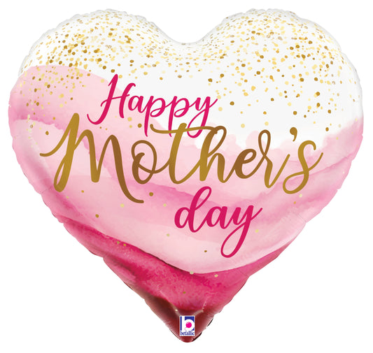 Pink and white heart-shaped foil balloon with gold speckles and "Happy Mother's Day" script in pink and gold.