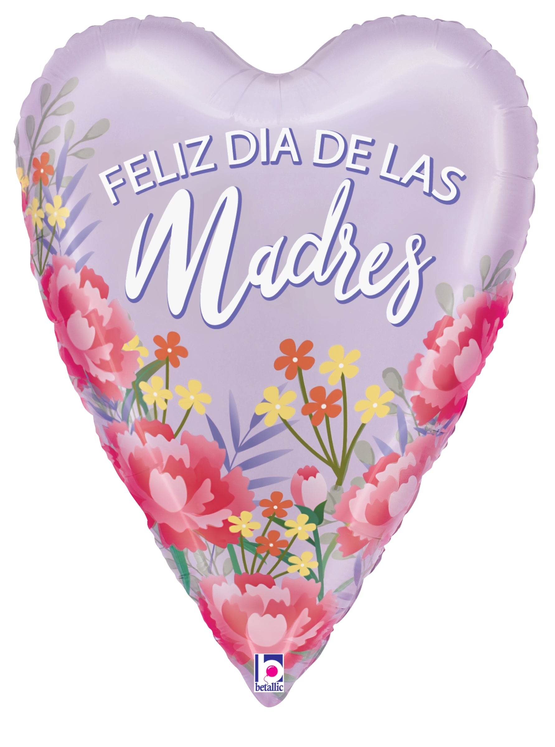 Lavender satin heart-shaped foil balloon with pink and orange floral design and "Feliz Dia de las Madres" text in white.