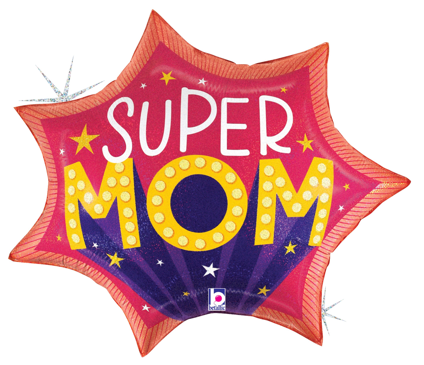 Red and purple star-shaped balloon with glitter and holographic accents, yellow "SUPER MOM" text with white dots.