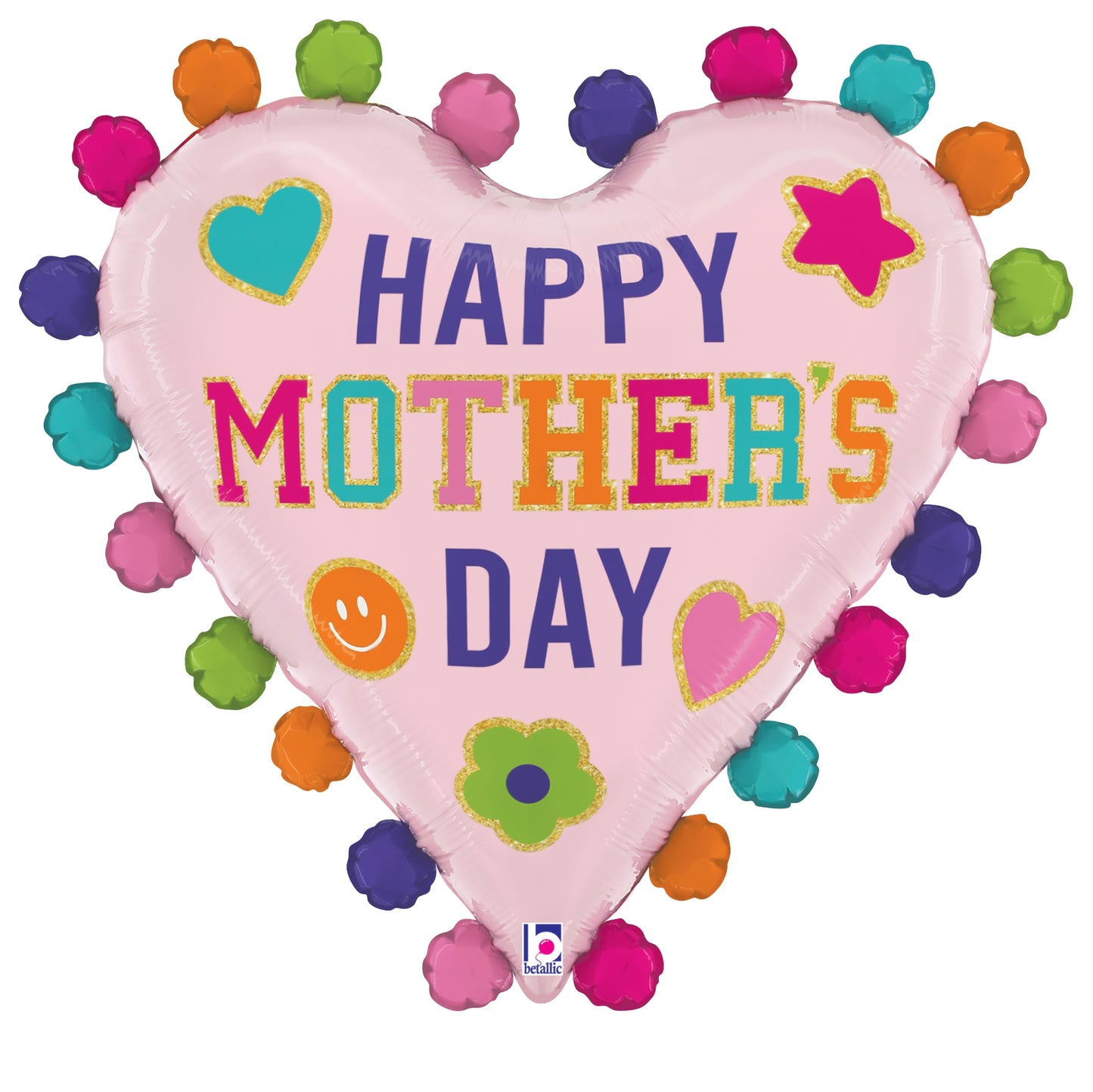 Pink heart-shaped foil balloon with colorful pom-poms, "Happy Mother's Day" text, and decorative shapes.