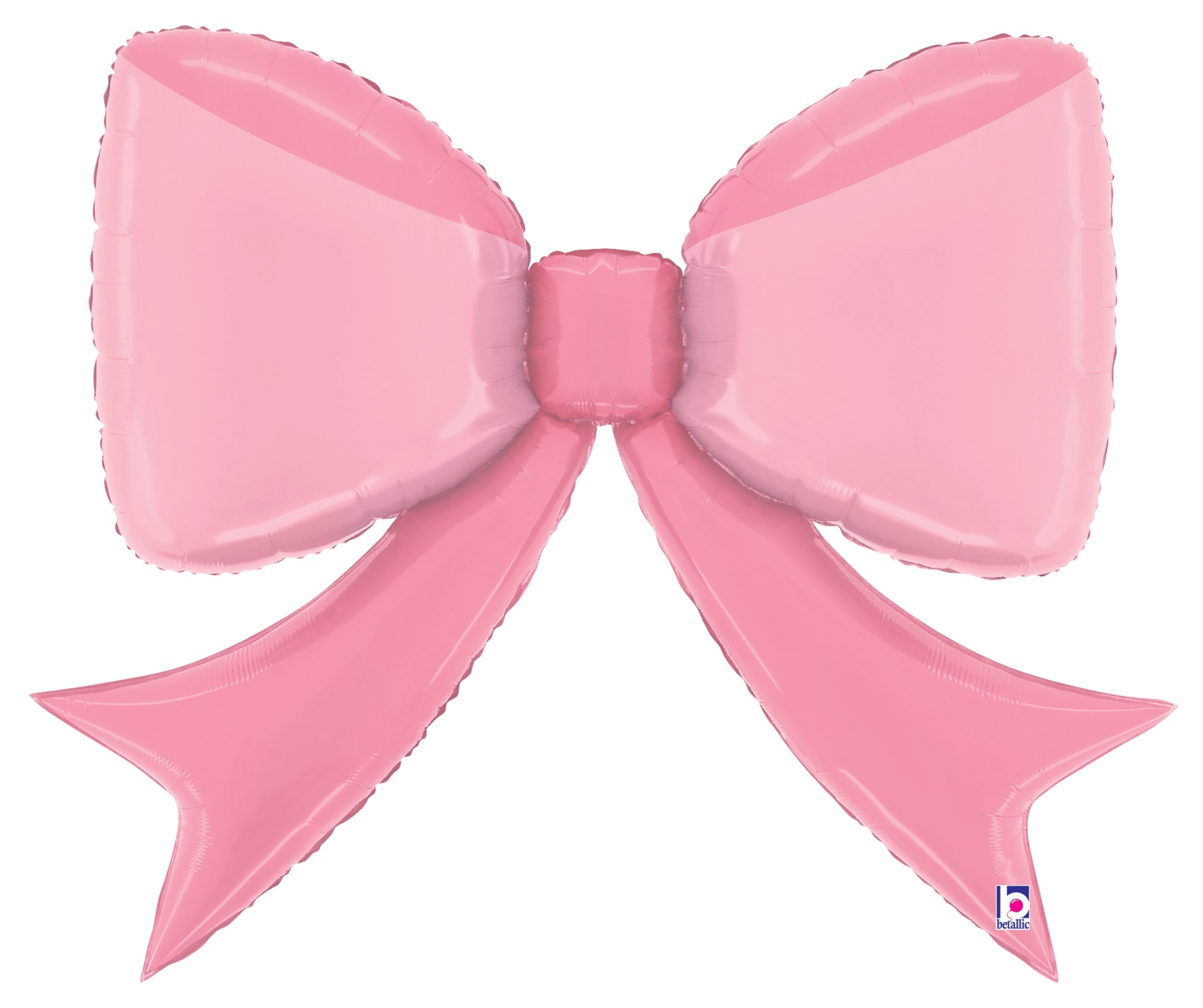 Large shiny pink foil balloon shaped like a decorative bow with two tails.