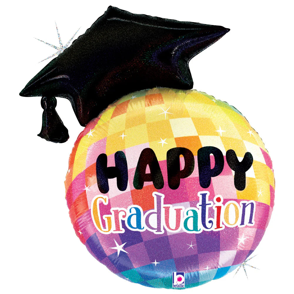 26-inch round holographic disco ball balloon with black graduation cap and multicolor "Happy Graduation" text.