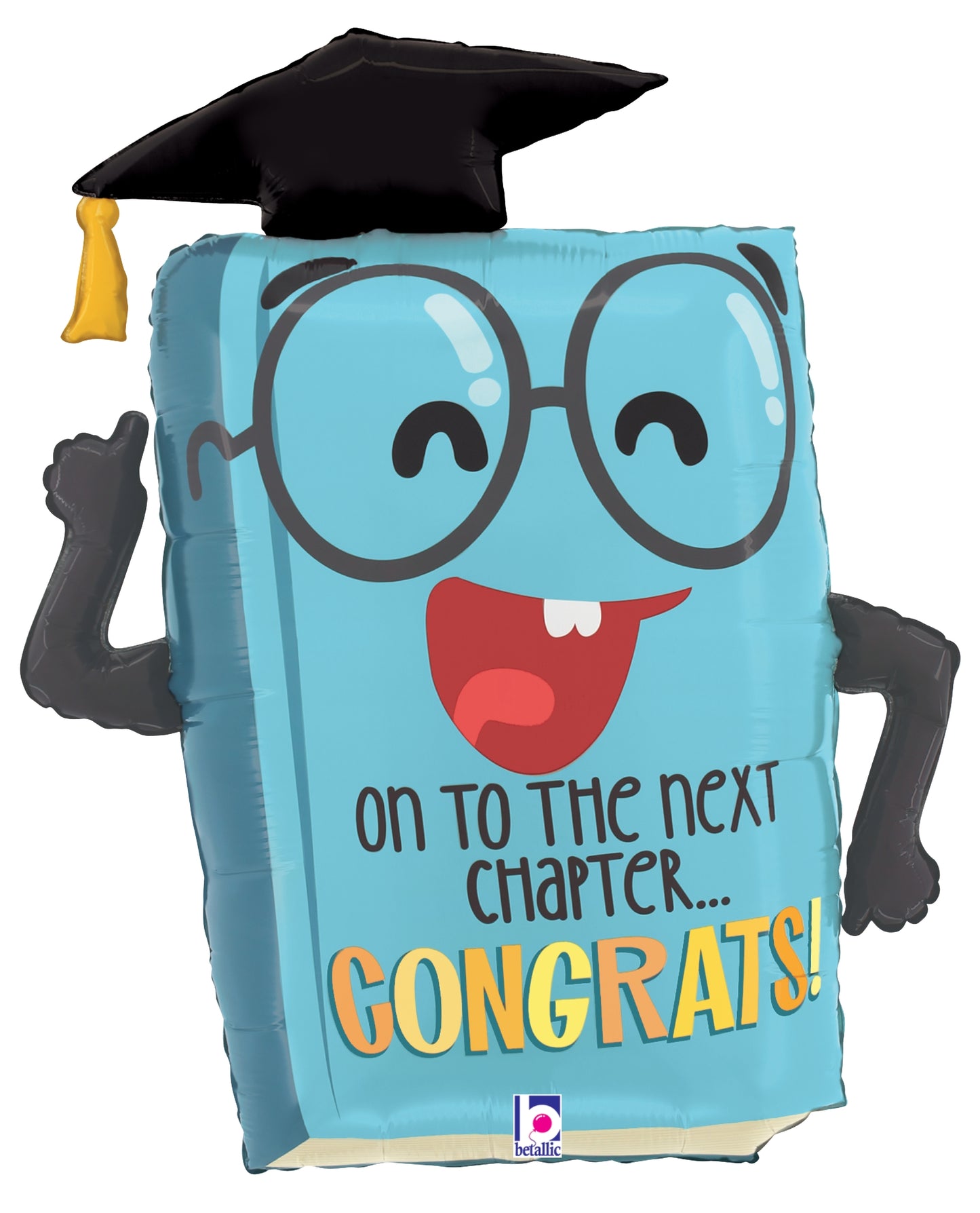 Light blue book-shaped foil balloon wearing a black graduation cap, winking face with glasses and smiling mouth, text saying