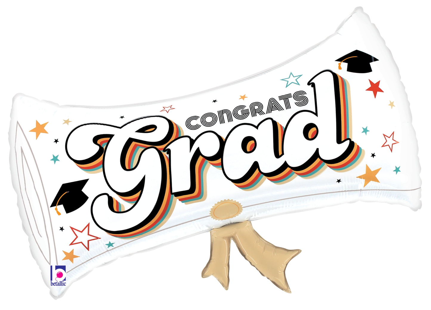 White foil balloon shaped like a rolled diploma with gold ribbon, black graduation caps, and "Congrats Grad" text with.