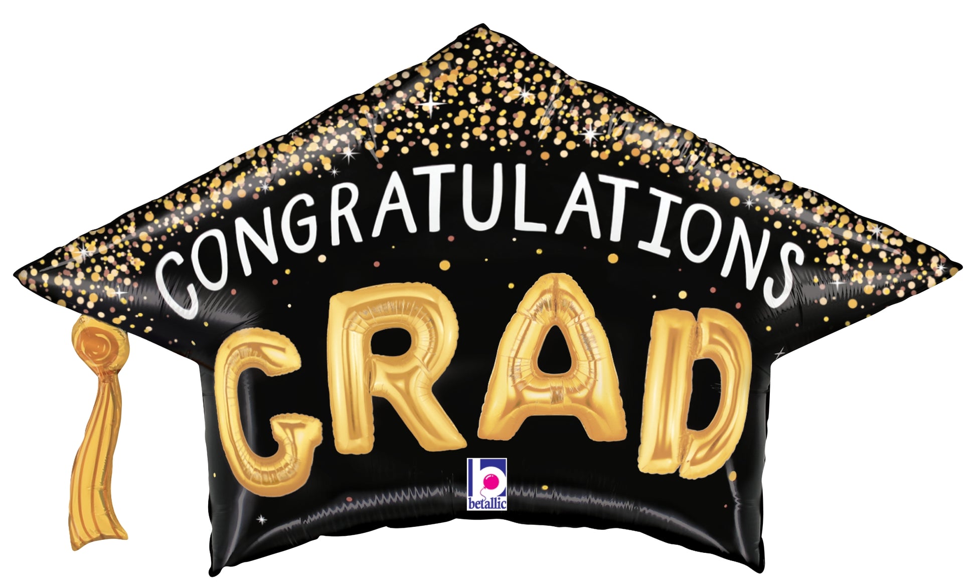 Black foil graduation cap-shaped balloon with gold confetti border, gold tassel, and "Congratulations Grad" in white and.