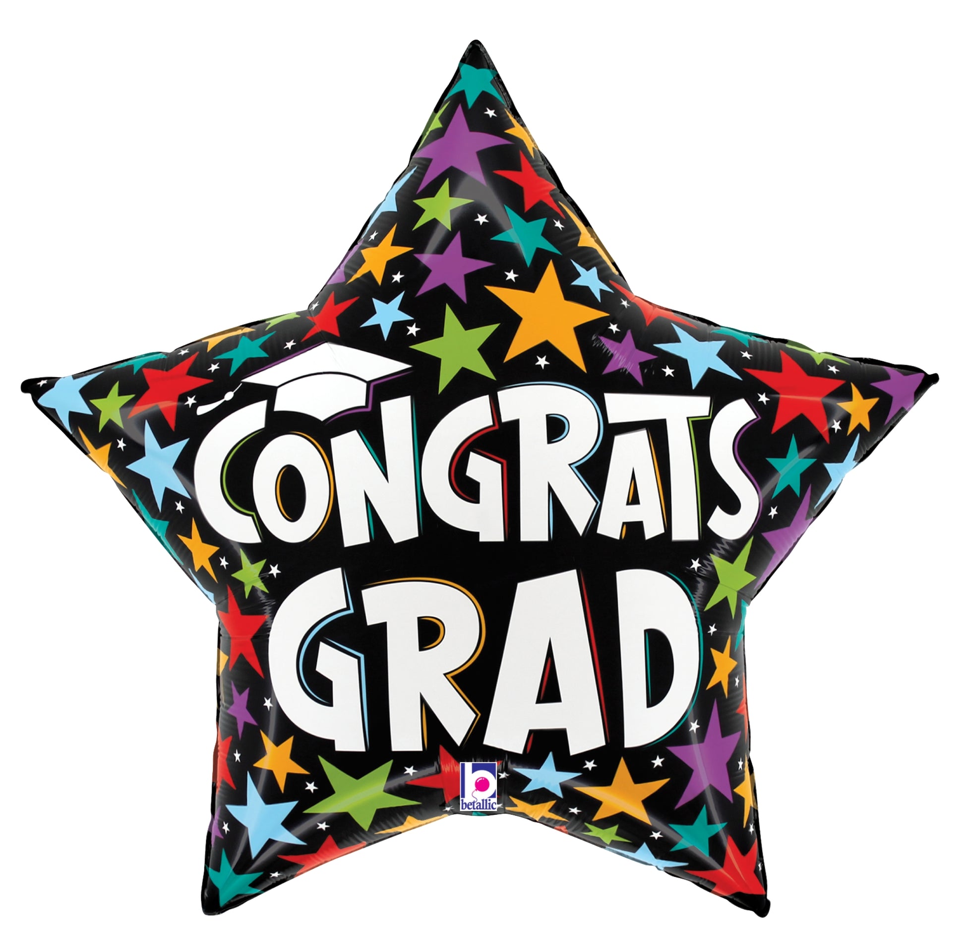 Black star-shaped foil balloon with colorful stars and bold white "Congrats Grad" text.