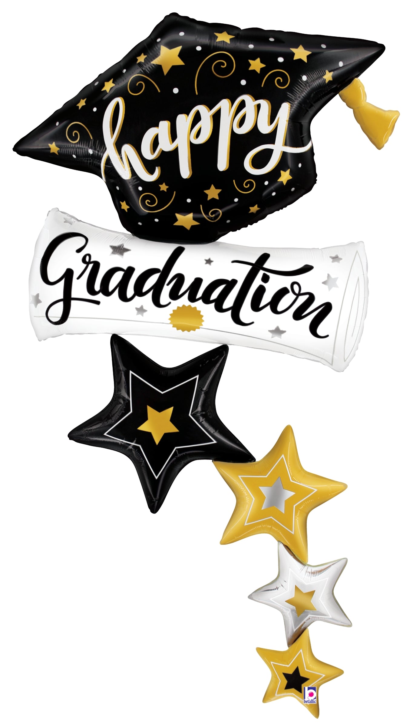 Black foil graduation cap balloon with gold and white stars and "Happy Graduation" text in black and gold cursive lettering.