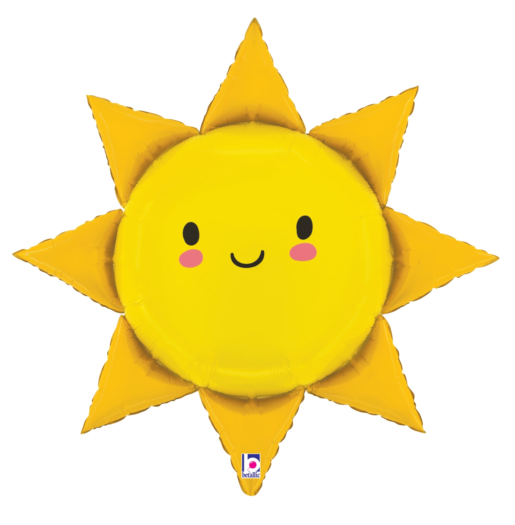 Yellow foil balloon shaped like a sun with a smiling face and pink cheeks, 31 inches.