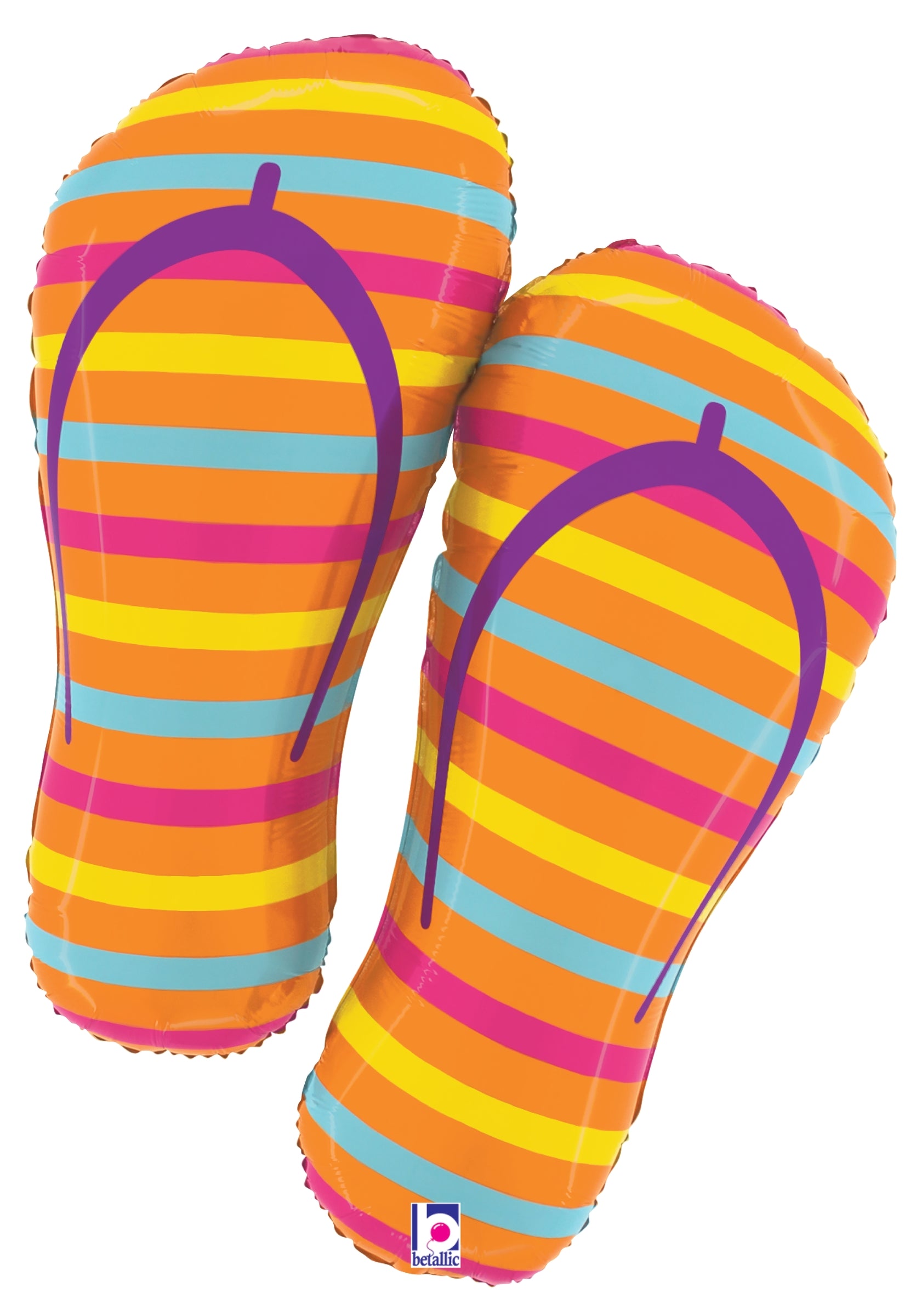 Brightly colored striped flip flop-shaped foil balloon with orange, yellow, pink, blue, and purple stripes.