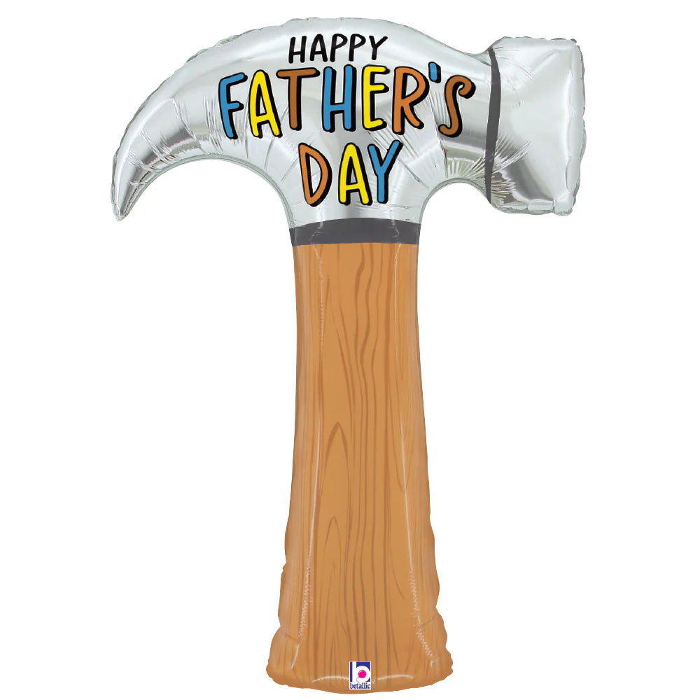 Silver foil hammer balloon with brown handle and colorful "Happy Father's Day" text on head.