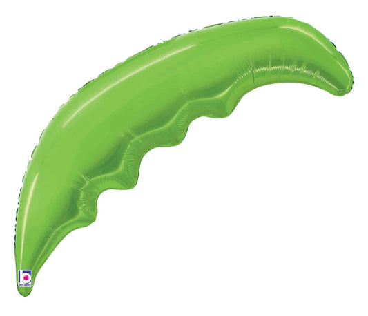 Bright lime green foil balloon shaped like a curved palm frond with ridged details.
