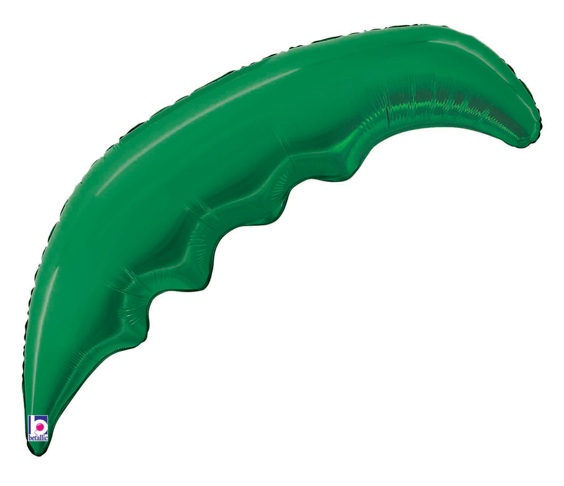 Emerald green foil balloon shaped like a curved palm frond with textured edges.
