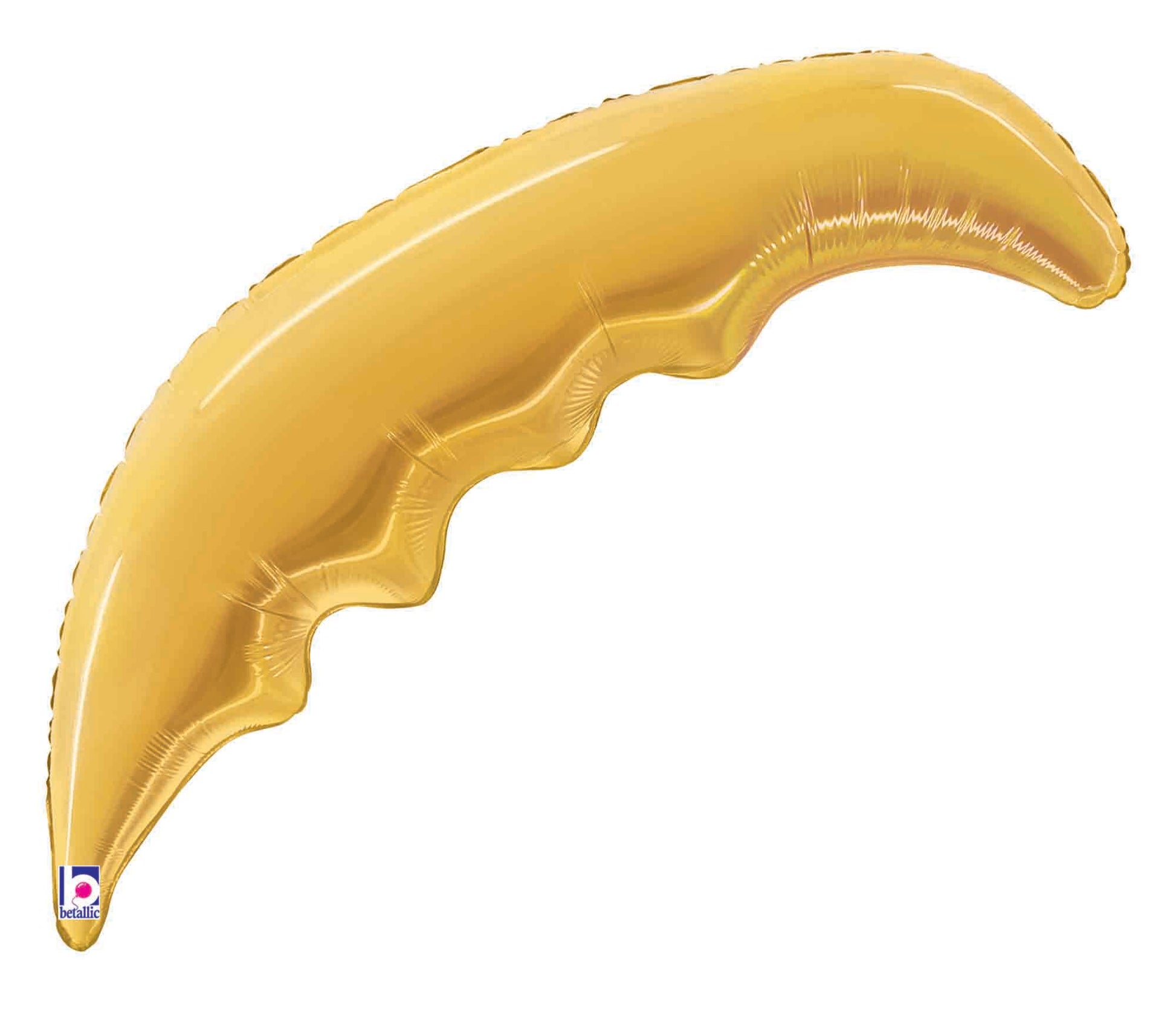 Gold foil balloon shaped like a 33-inch curved palm frond with scalloped edges.