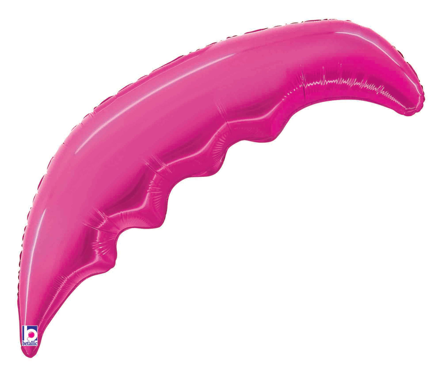 Glossy fuchsia foil balloon shaped like a curved palm frond, 33 inches long.