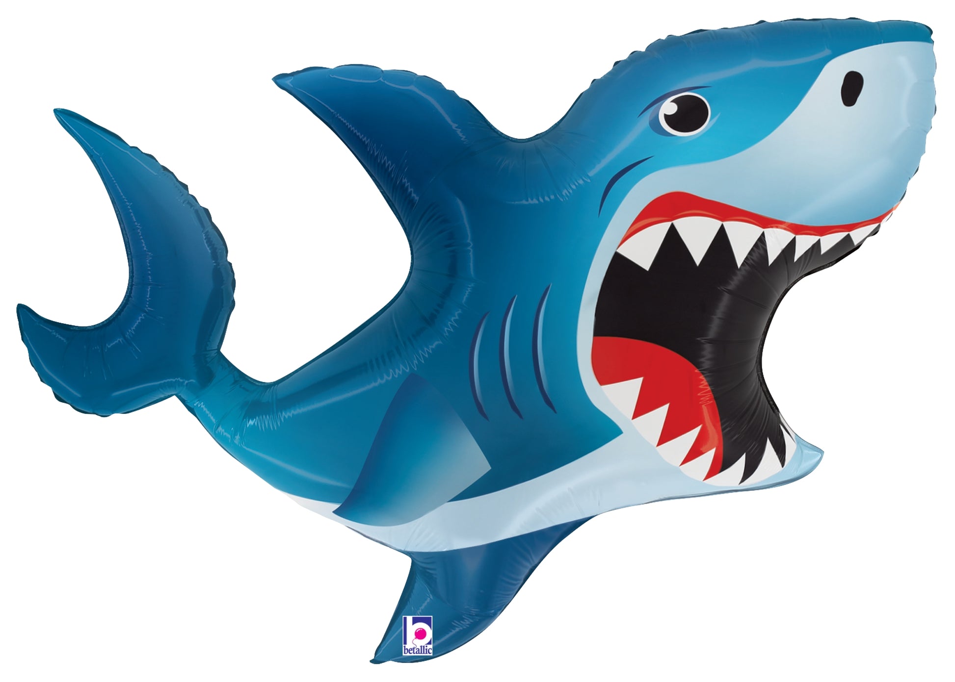 Blue and white shark-shaped foil balloon with open mouth and sharp teeth, 35 inches long.