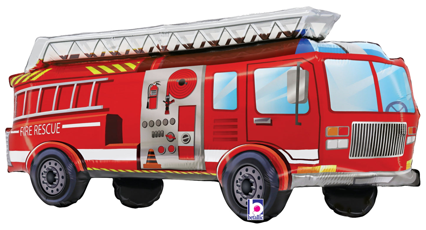 Red firetruck-shaped foil balloon with ladder and rescue details, 34 inches long.