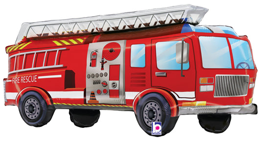 Red firetruck-shaped foil balloon with ladder and rescue details, 34 inches long.