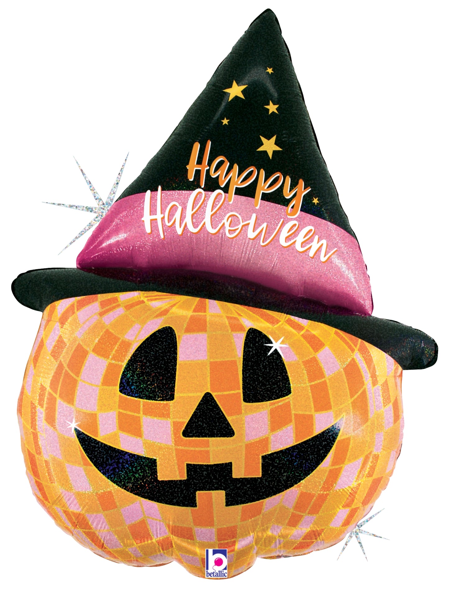 Orange jack-o-lantern balloon with black triangular eyes and smiling mouth wearing a black witch hat with pink band and gold
