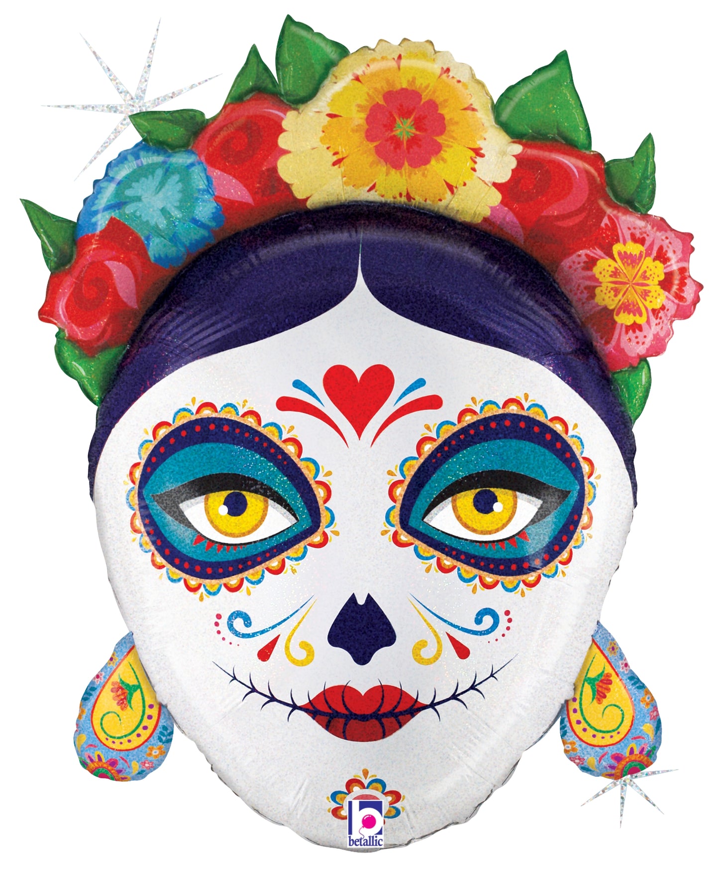 27-inch holographic foil balloon shaped like a colorful La Catrina skull with floral crown and bright decorative face paint.