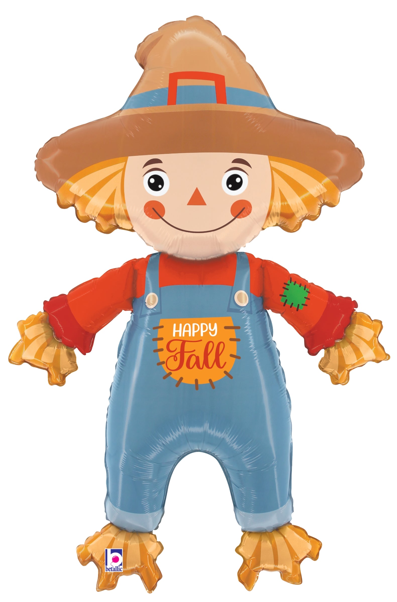 40-inch foil balloon shaped like a cheerful scarecrow wearing a brown hat, red shirt, and blue overalls with "Happy Fall".