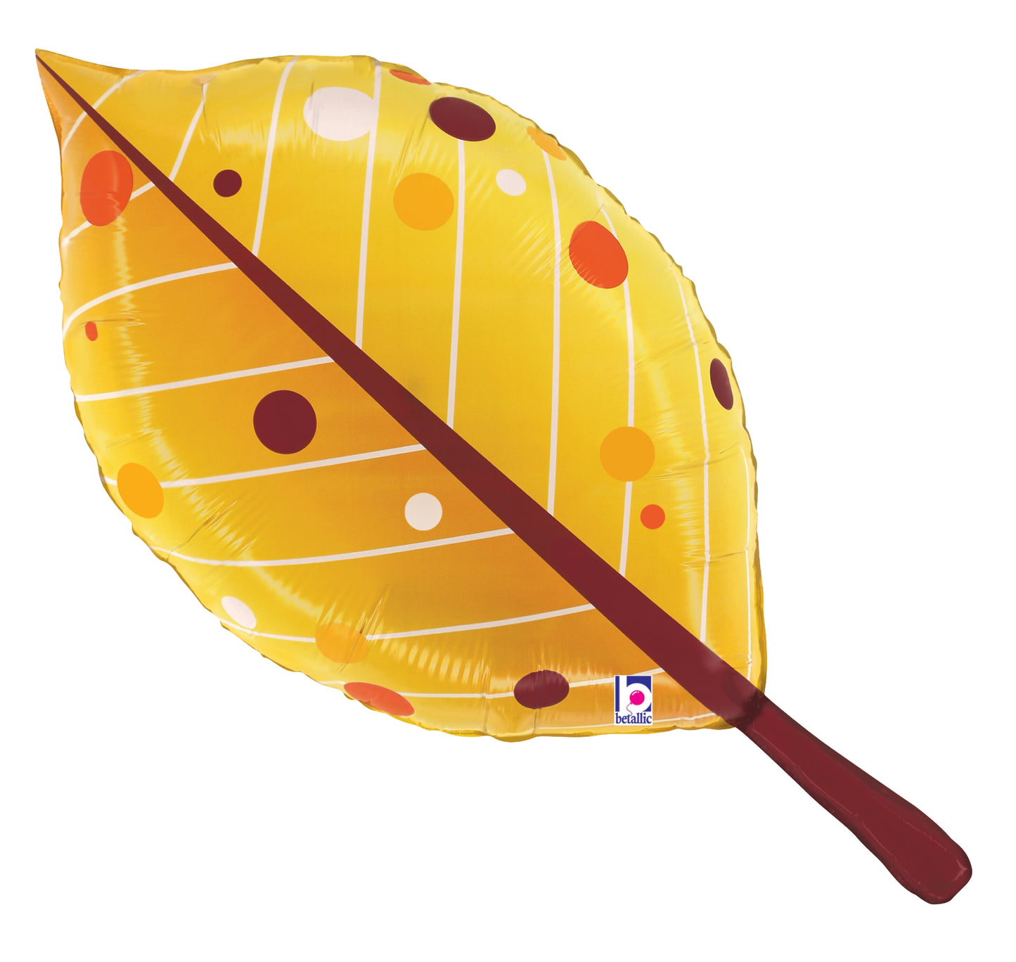 Yellow foil balloon shaped like a detailed autumn leaf with brown spots and a long brown stem.