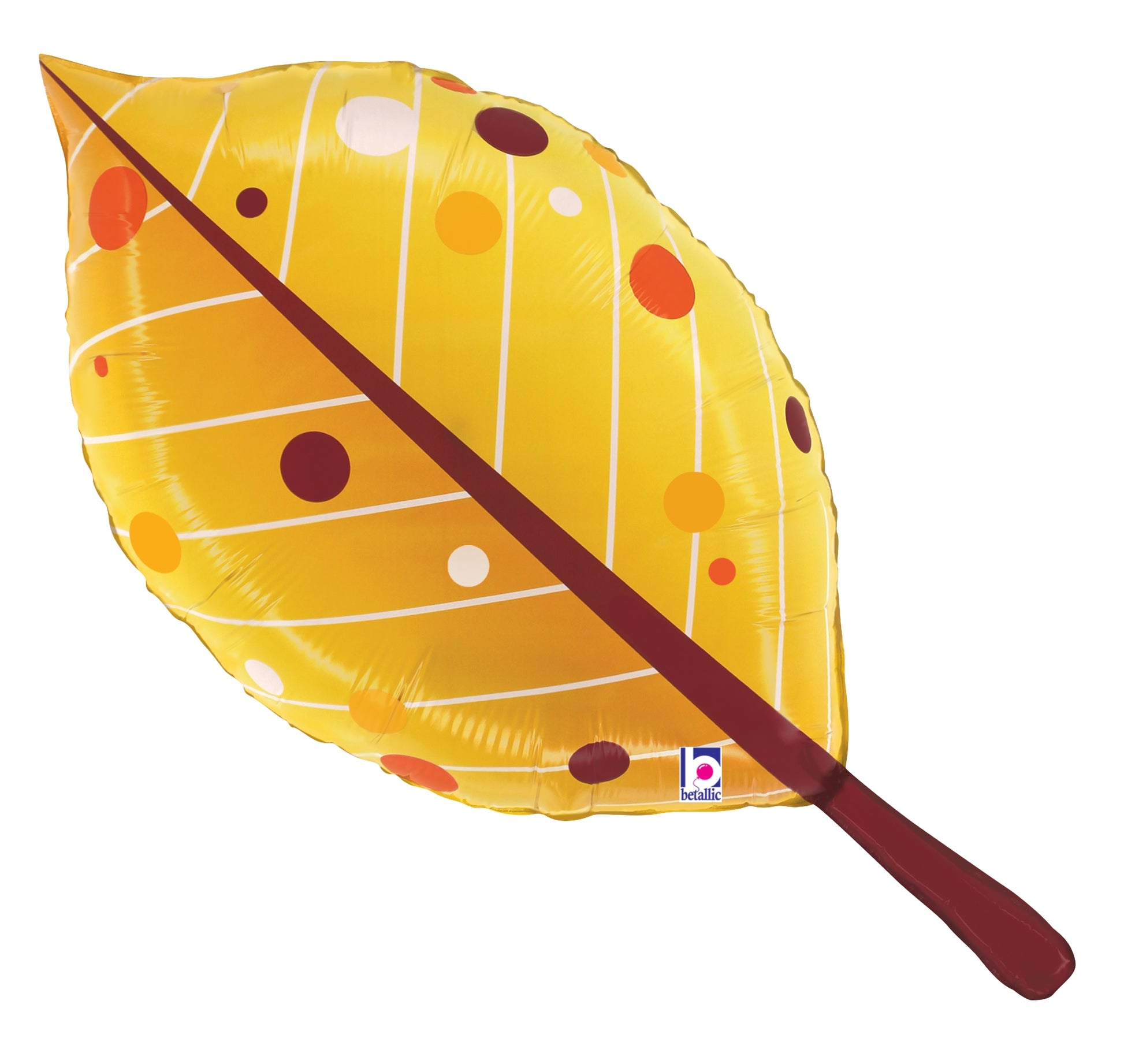 Yellow foil balloon shaped like a detailed autumn leaf with brown spots and a long brown stem.