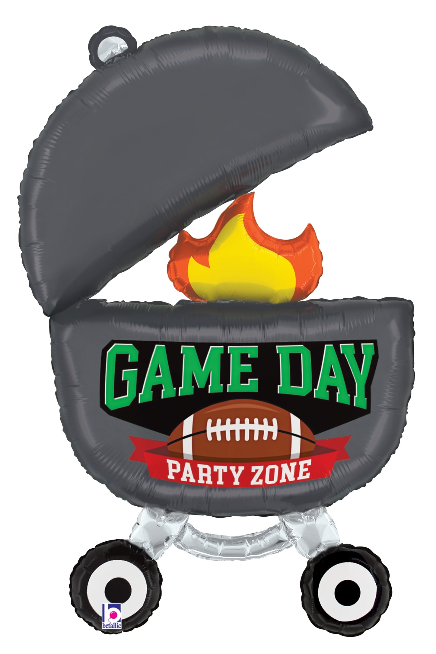 Gray foil balloon shaped like a grill with flames, featuring "Game Day Party Zone" text and a football graphic.