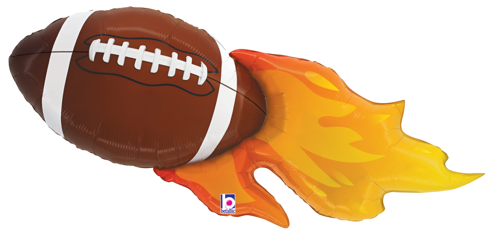 40-inch foil balloon shaped like a brown football with white laces and flames in red, orange, and yellow trailing behind.