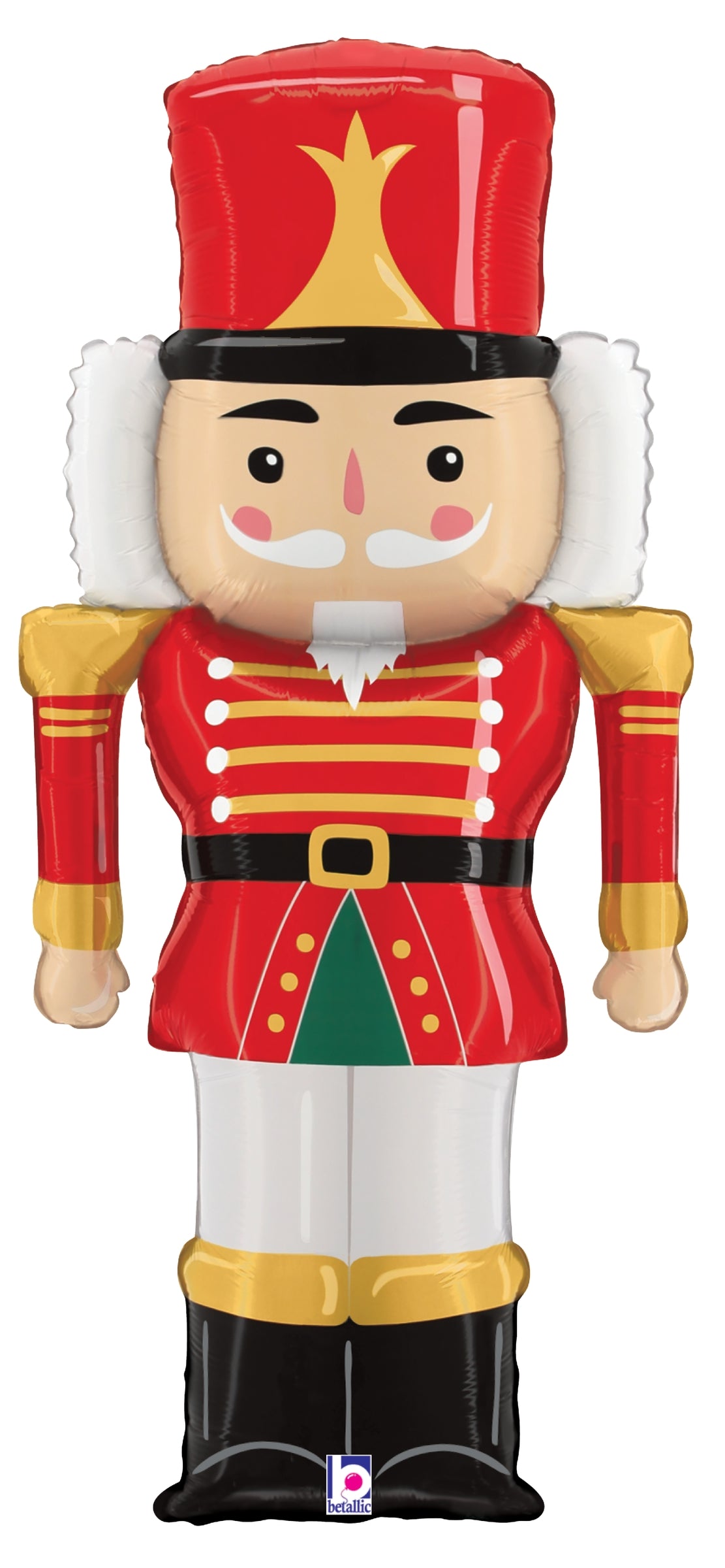 43-inch foil balloon shaped like a colorful nutcracker soldier with red, white, black, and gold uniform and tall red hat.