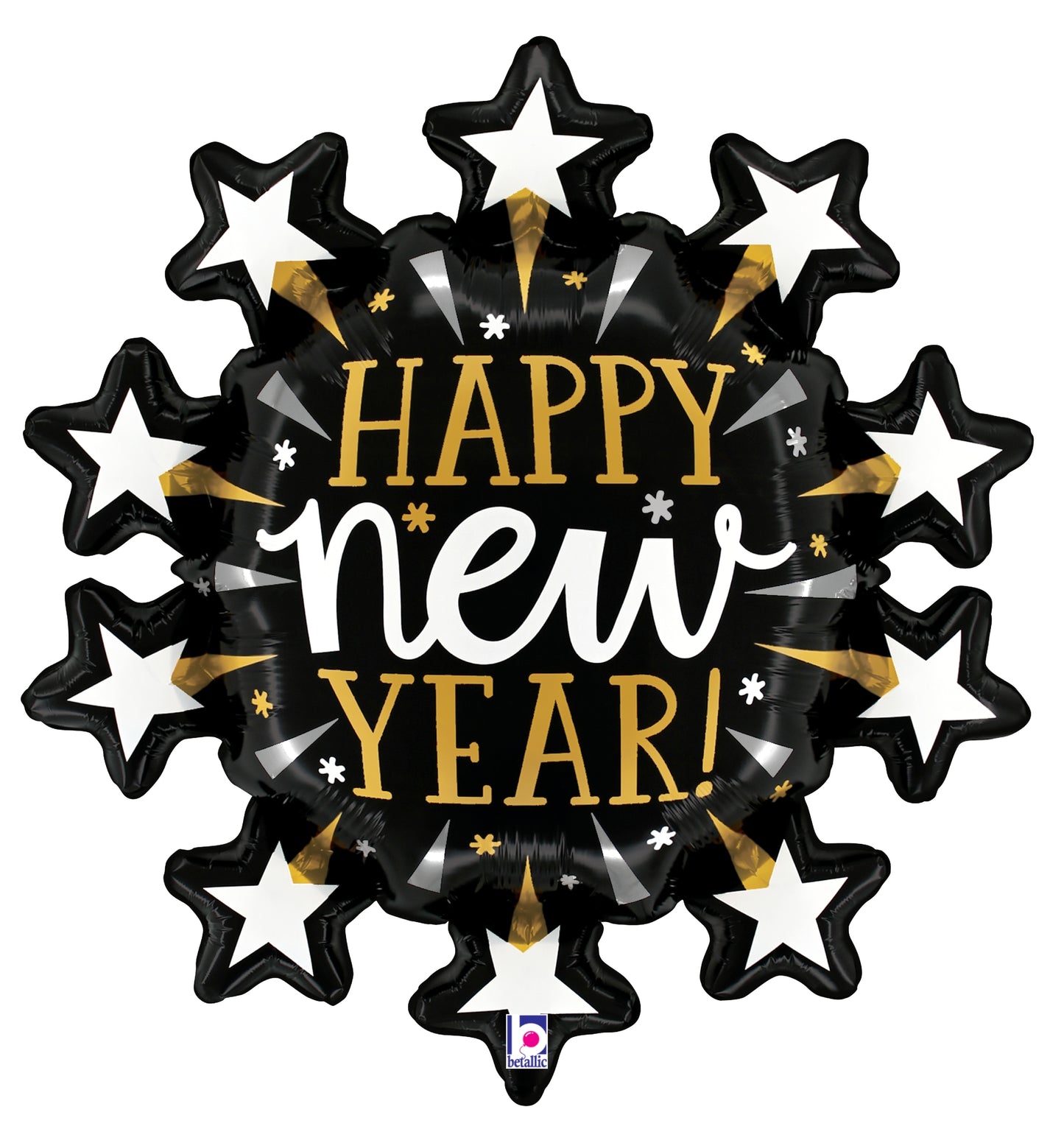30-inch black foil balloon with gold and white starburst design and "Happy New Year!" text in gold and white.
