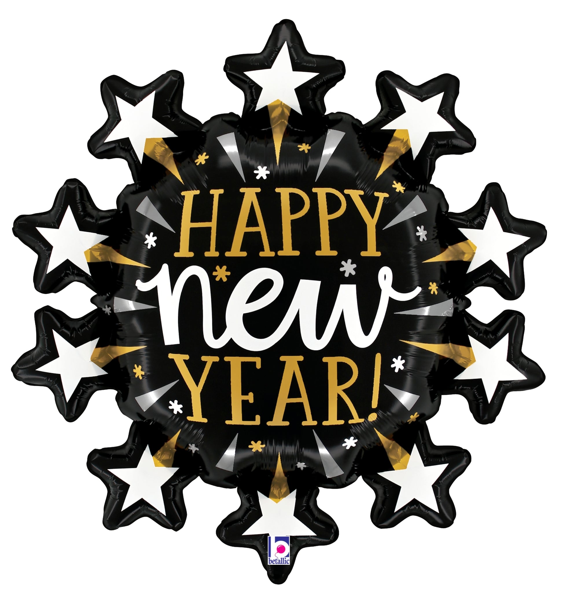 30-inch black foil balloon with gold and white starburst design and "Happy New Year!" text in gold and white.