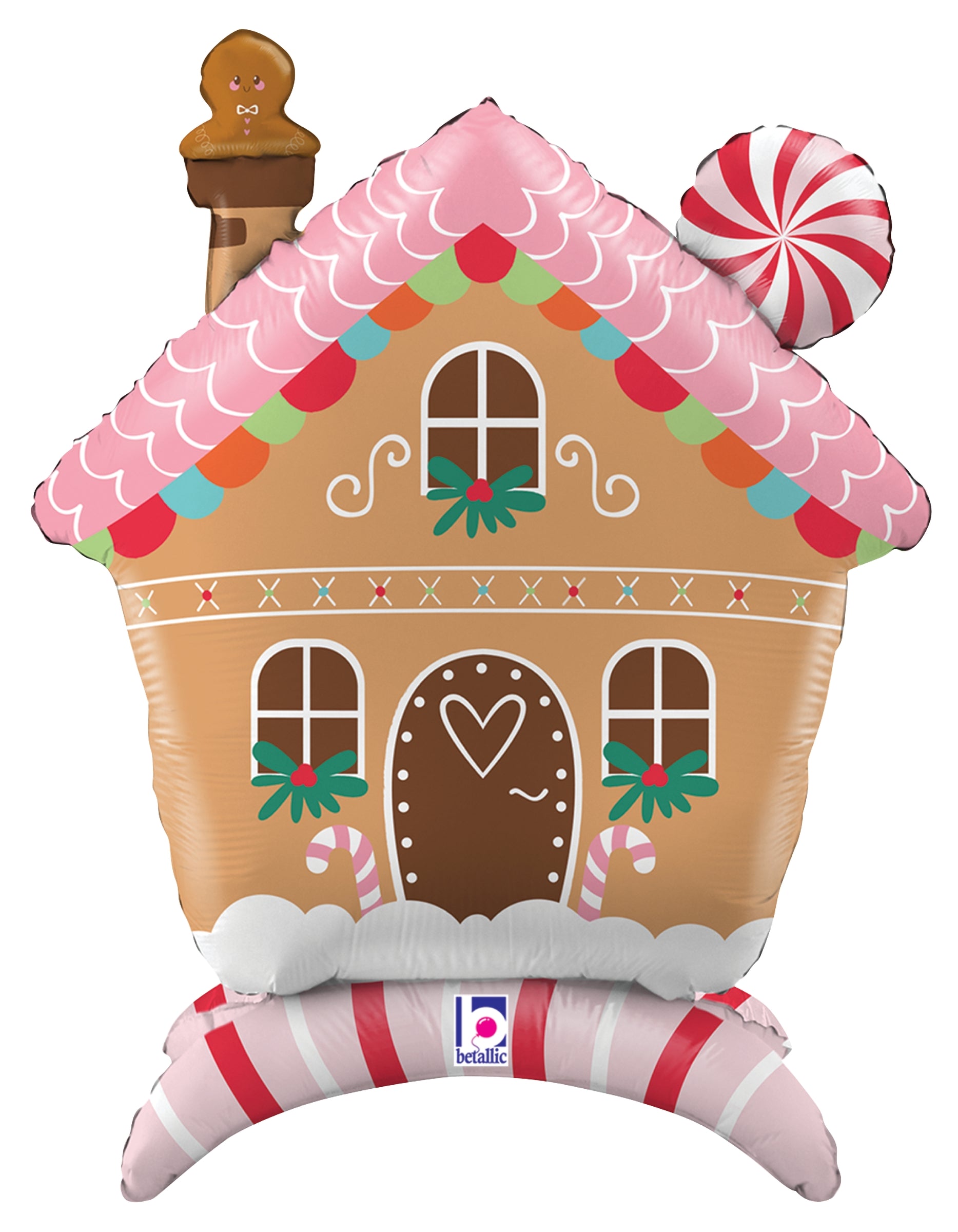 30-inch gingerbread house foil balloon with pink frosting roof, candy cane base, and peppermint swirl detail.