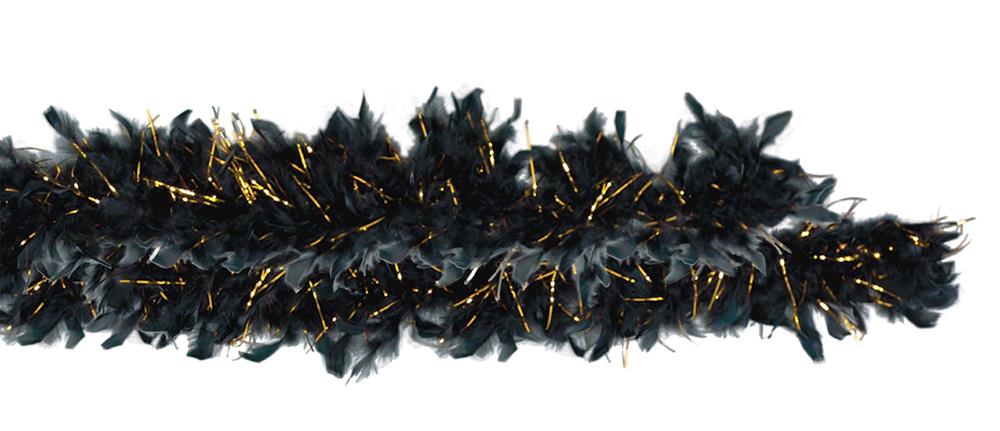 Black feather boa intertwined with shiny gold tinsel strands.